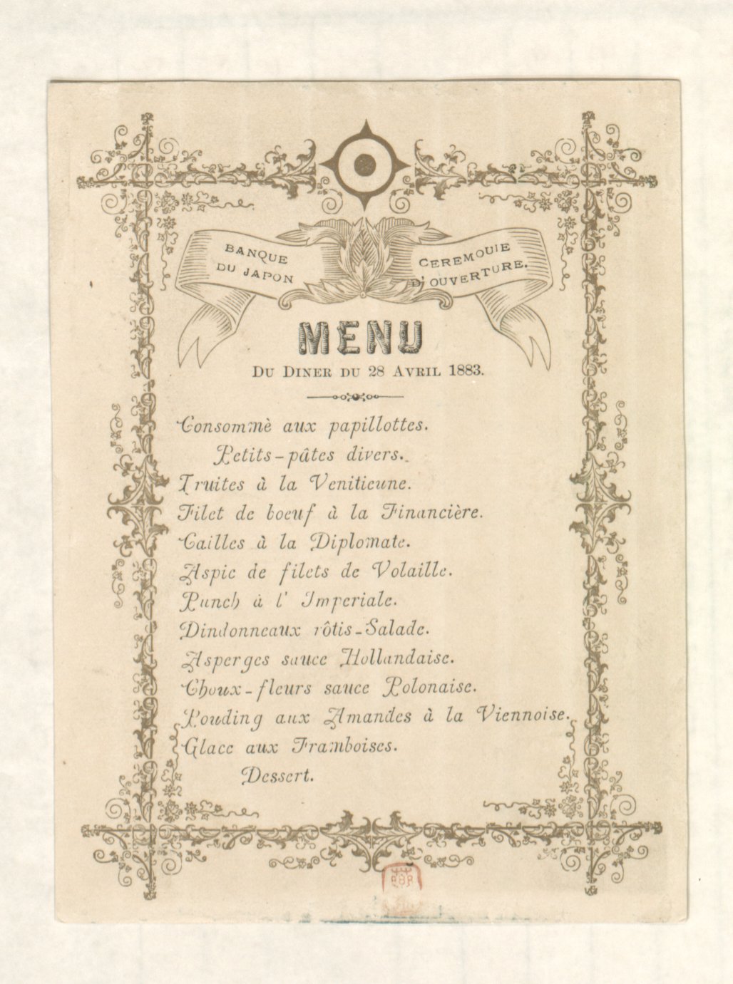 Menu du diner, Ceremouie du Ouverture Banque du Japon